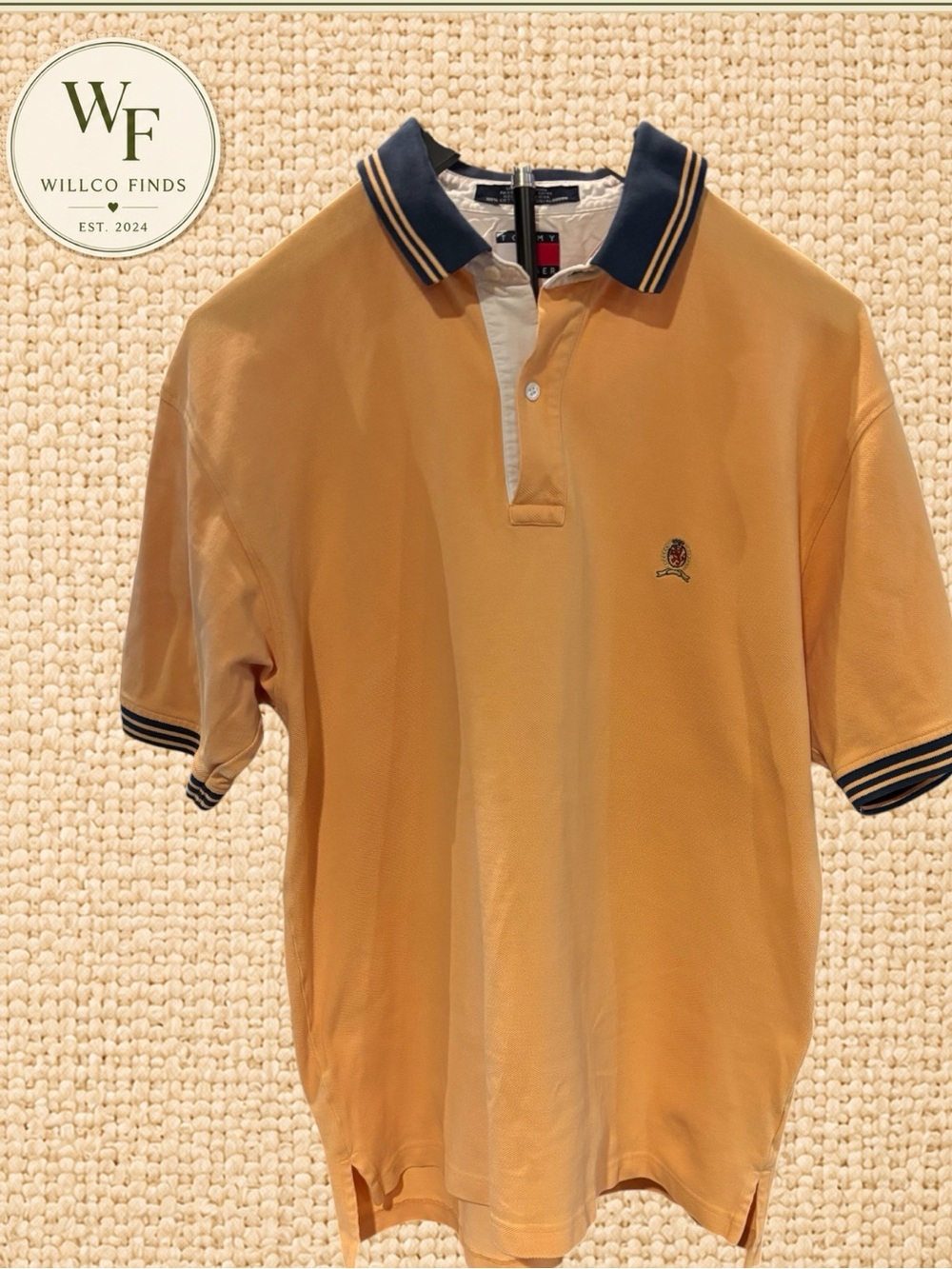 Tommy Hilfiger Vintage Crest Polo Shirt Men’s L Pale Yellow Navy 100% Cotton